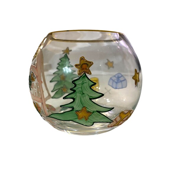 Christmas Bowl Vase Made in Romania Cut Crystal Clear 4" Handcrafted Gold Trim - Picture 3 of 8